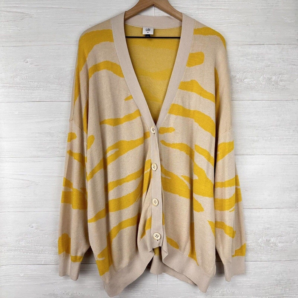 CAbi Beige and Yellow Abstract Stripe Cardigan
